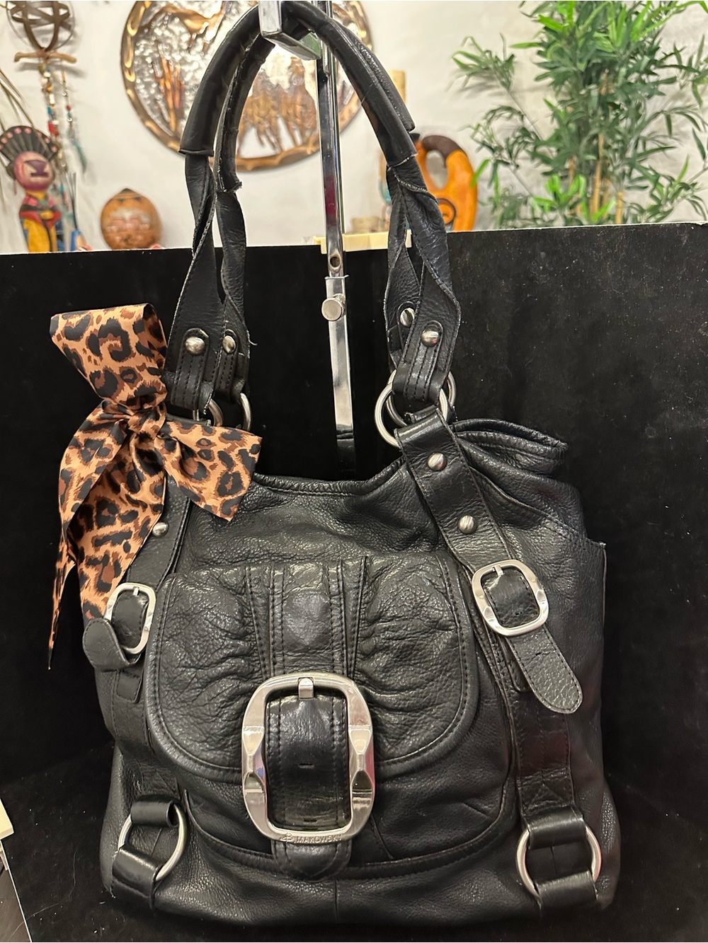 b. makowsky #230 Vintage Leather Black Shoulder Satchel with leopard interior - Picture 6 of 16
